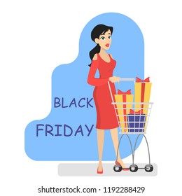 Pretty smiling woman character in fashion outfit with shopping cart full of gifts. Big black friday sale, discount and special offer. Seasonal promotion. Isolated vector illustration in cartoon style