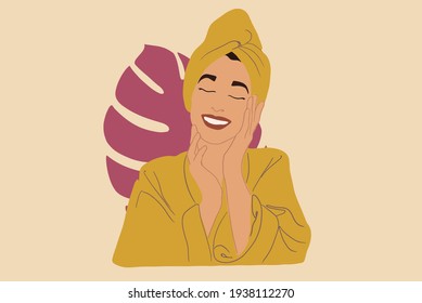 Pretty smiling woman enjoying after Spa in yellow bathrobe and towel with pink palma leaf on background. SPA and wellness routine. Vector Illustration.