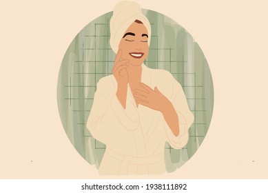 Pretty smiling woman with hydrogel anti-age eye patches on the face. Skincare and wellness routine. Vector Illustration.