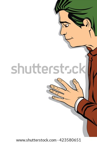 Pretty smiling young man with green hair. Positive emotions and good mood. Realistic vector in pop art style
