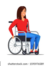 Pretty smiling young men with disabilities woman sitting on wheelchair isolated on white. Cartoon girl with a disability character. female. Living with disability- equal opportunities. Vector flat illustration