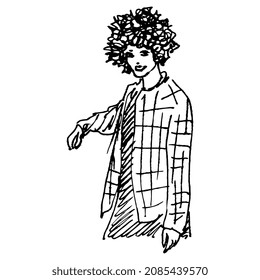 Pretty Smiling Young Woman With Curly Afro Style Hair. Female Portrait. Beautiful Girl In Plaid Shirt. Hand Drawn Linear Doodle Rough Sketch. Black Silhouette On White Background.