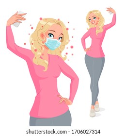Pretty smiling young woman in protective mask taking selfie photo. Vector illustration isolated on white background.