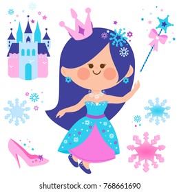 Pretty snow princess, a castle and winter snowflakes. Vector illustration set