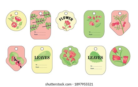Pretty special tag designs with flowers and leaves. Cute flower shop labels with blooming flowers. Plants and garden concept. Template for greeting labels or invitation card