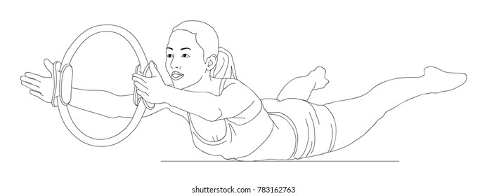 Pretty sportive woman lying and exercising with pilates ring isolated on white. Linear vector illustration.