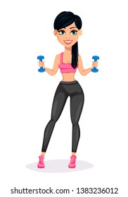 Pretty sporty lady, attractive fitness woman. Cheerful cartoon character doing exercises with dumbbells. Vector illustration on white background