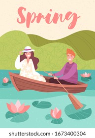 Pretty spring activities poster design with a young couple rowing a wooden dinghy in a lake with water lilies backed by green hills, vector illustration