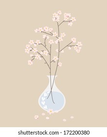 Pretty spring cherry blossom in vintage vase on beige background. Spring greeting card.