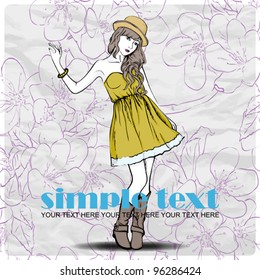 Pretty spring girl with hat on a floral background. Vector illustration