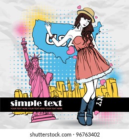 Pretty spring girl with hat on a american background. Vector illustration