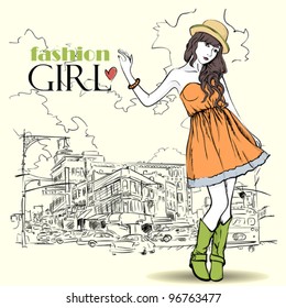Pretty spring girl with hat on a street-background. Vector illustration