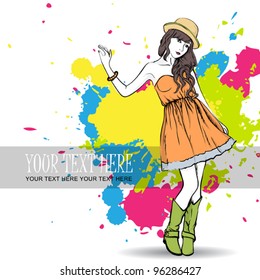 Pretty spring girl with hat. Vector illustration