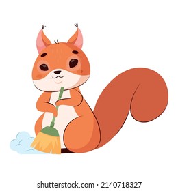 Pretty squirrel cleaning up floor cartoon vector illustration. Cute furry animal sweeping, tidying up house, holding broom. Rodent, housework, house chores concept