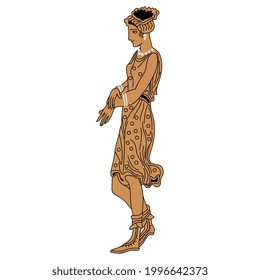 Pretty standing ancient Greek lady in short dress. Vase painting style.