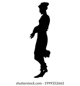 Pretty standing ancient Greek lady in short dress. Vase painting style. Black silhouette on white background.