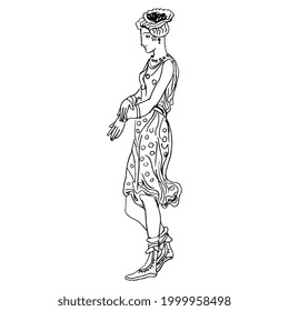 Pretty standing ancient Greek lady in short dress. Vase painting style. Hand drawn linear doodle rough sketch. Black silhouette on white background.