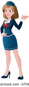 Pretty stewardess in a presenting pose.