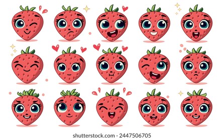 A PRETTY STRAWBERRY. WITH DIFFERENT EMOTIONS. HAPPY, SURPRISED, ANGRY. VECTOR ILLUSTRATION. ISOLATED ELEMENTS ON A TRANSPARENT BACKGROUND