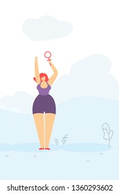 Pretty Strong Cartoon Woman Holding Female Sign in Hand Raising up Feminist Banner Flat Template Vector Illustration in Floral Style Feminism Motivation Fighting for Womens Rights Gender Equality
