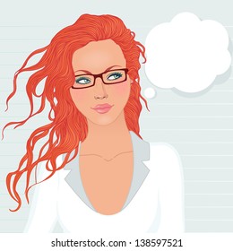 Pretty student girl with long red hair ponders, looks up at the speech bubble, vector illustration.