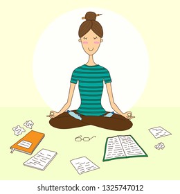 Pretty student at home doing yoga. Vector illustration.