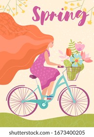 Pretty stylised floral spring poster or greeting card design with a young woman with flowing long red hair riding a bicycle with bunch of flowers in the basket under text, vector illustration