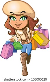 Pretty stylish brunette girl is very happy out on a shopping trip carrying shopping bags