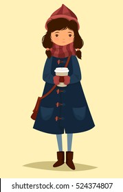 Pretty stylish girl in a blue coat. She has on her head a red cap. She holds a hot cup of coffee. Vector cartoon illustration