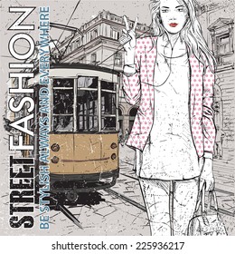 Pretty stylish girl and old tram. Vector illustration.