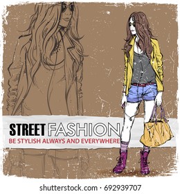 Pretty stylish girl on a grunge background. Vector illustration.