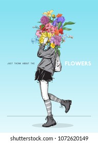 Pretty stylish girl in sketch-style with a flowers head. Vector illustration.