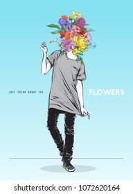 Pretty stylish girl in sketch-style with a flowers head. Vector illustration.