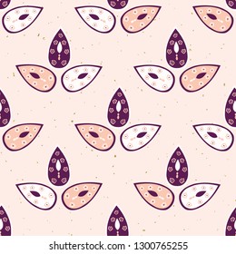 Pretty stylized 3 leaves pattern. Seamless repeating. Hand drawn vector illustration. Simple feminine leaf lineart in decorative purple white tones on pink background. Summer fashion, home decor.