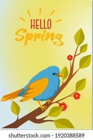 Pretty stylized floral spring poster or greeting card design with cute bird sitting on a blossoming branch under the text, vector illustration.