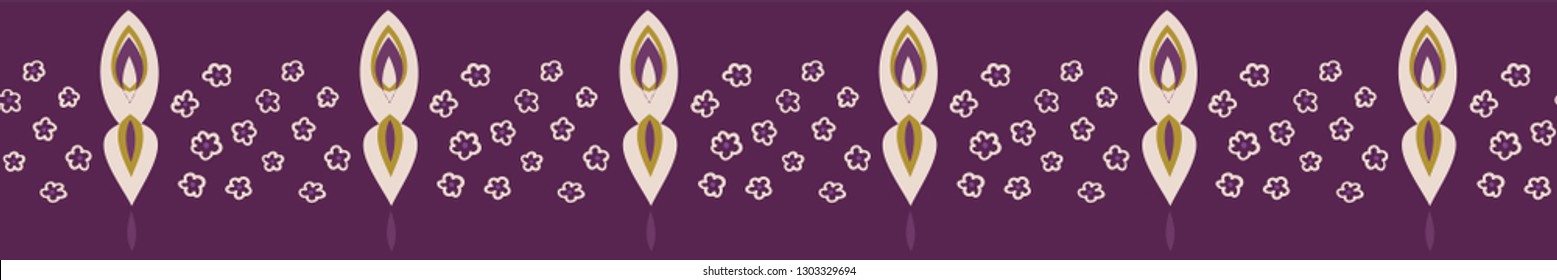 Pretty stylized tiny floral border. Seamless repeating. Hand drawn vector illustration. Simple ornamental flowers motif in decorative purple banner ribbon. Summer fashion trim, retro home edging.