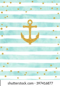 Pretty Summer card template. Gold glitter confetti on striped watercolor background. Vector illustration.