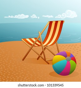 pretty summer landscape with deckchair and beach ball by the water