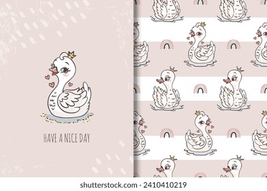 Pretty swan card and seamlless pattern, trendy illustration for textile 