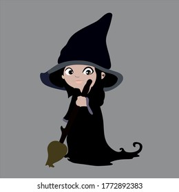 Eine hübsche, süße, junge Hexe mit schwarzem Haar und einem schwarzen Anzug mit Besen. Überraschendes Halloween-Mädchen in einer Hexenkostüme