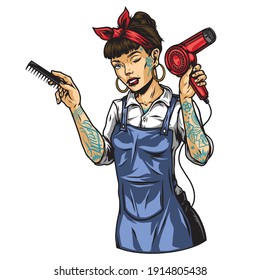 Pretty tattooed winking female barber with hair dryer and comb in vintage style isolated vector illustration