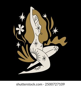 Pretty tattooing girl practicing Kundalini yoga flat doodle cartoon vector clip-art illustration. Young woman doing asana, stretching exercise pilates princess. Female silhouette pose. Sacred divine