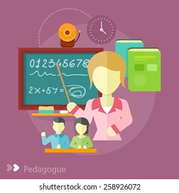 Pretty teacher with a pointer. Pedagogue concept in flat design