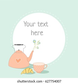 Pretty teapot with a coffee and croissants. Vector background.