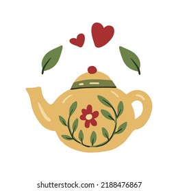 Pretty teapot vector illustration. Adorable hand drawn tea symbol. Cozy kitchen attribute. Cafe logo, package decorative element, item, icon, emblem, label