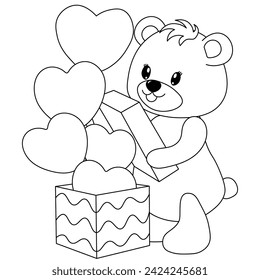 Pretty teddy bear opening a gift box with balloons. Coloring page for children. Print it out and bring it to life with color. Happy Valentine's Day. Vector illustration.