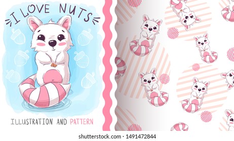 Pretty teddy squirrel - seamless pattern. Hand draw