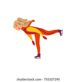 Pretty teen, teenage girl ice skating, doing one leg stand, winter sport activity, flat cartoon vector illustration isolated on white background. Teen, teenage girl figure skating, gliding on one leg