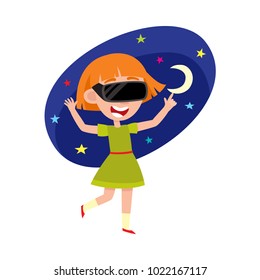 Pretty teenage girl wearing virtual reality headset, simulator device, cartoon vector illustration isolated on white background. Cartoon portrait of teen girl wearing virtual reality headset