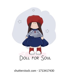 Pretty tilda doll hand drawn. French tilda doll. Vector illustration